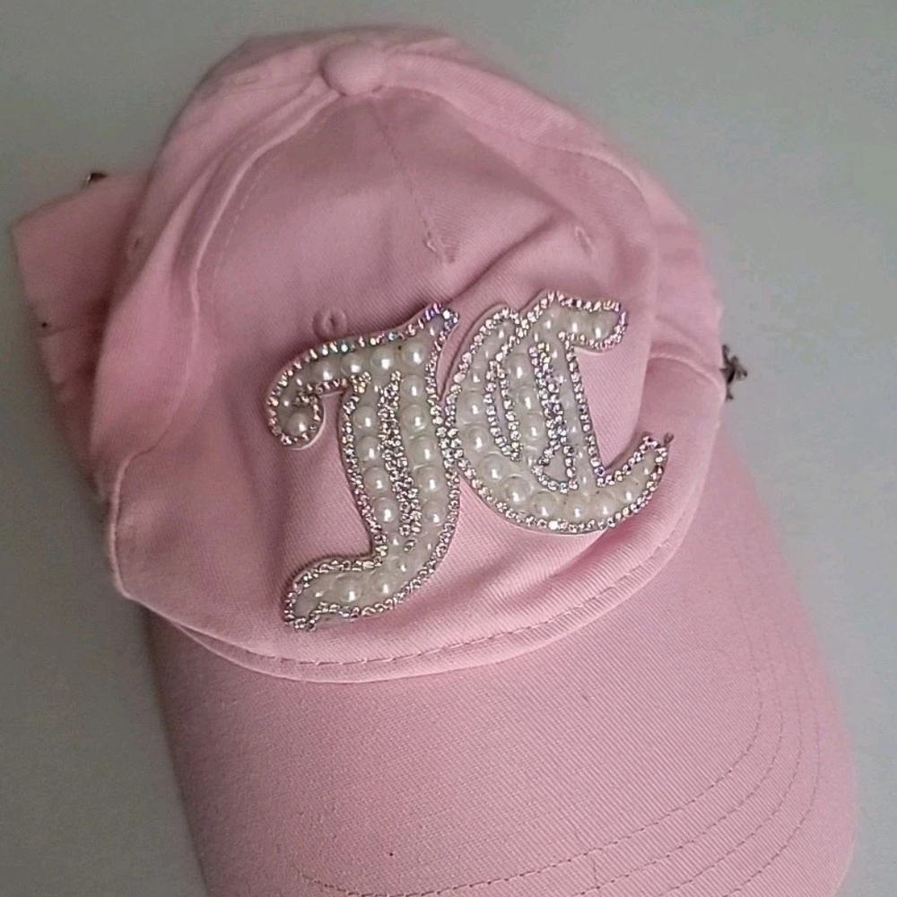 NWT Juicy Couture Womens 3D Pearl & Rhinestone Logo Adjustable Baseball Hat Pink